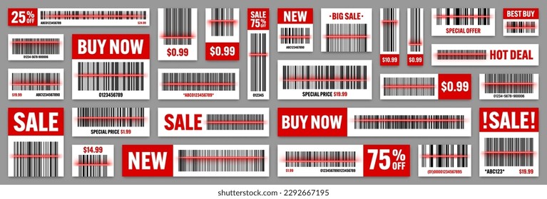 Set of product barcodes with red scanning line. Sale stickers, discount label or promotional badge. Serial number, product ID. Store or supermarket scan labels, price tag. Vector illustration