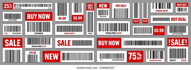 Conjunto de códigos de barras de productos. Oferta especial, etiquetas de venta, etiqueta de descuento de compra o insignia promocional. Número de serie, ID del producto. Etiquetas de escaneo de tienda o supermercado, etiqueta de precio. Ilustración del vector