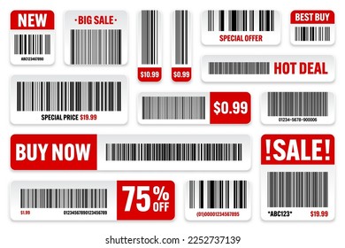 Set of product barcodes. Special offer, sale stickers, shopping discount label or promotional badge. Serial number, product ID. Store or supermarket scan labels, price tag. Vector illustration