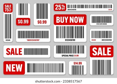 Set von Produktbarcodes. Sonderangebot, Verkaufsaufkleber, Rabattmarken oder Werbeplakette. Seriennummer, Produkt-ID. Scanner-Etiketten im Laden oder Supermarkt, Preisschilder. Vektorgrafik