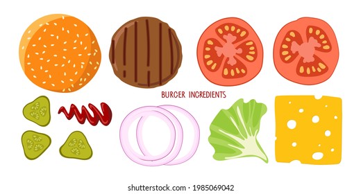 Set of product for Burger. Hamburger Creation Product Kit isolated on white. Chopped vegetables, bun, cutlet, sauce. Flat design for menu cafe, restaurant, poster, sticker. Burger or toast ingredient