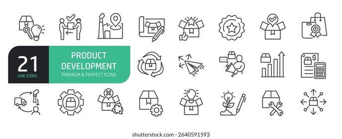 Set Of Product Development Icons. Contains such icons as Concept, Idea, Design, Strategy, Planning, Prototype, Teamwork,  Innovation.