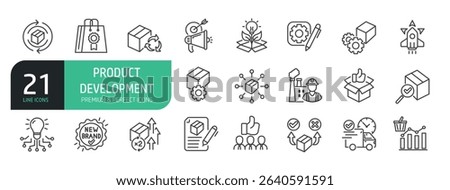 Set Of Product Development Icons. Contains such icons as Concept, Idea, Design, Strategy, Planning, Prototype, Teamwork,  Innovation.