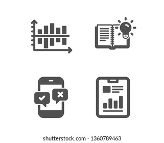 Set of Product knowledge, Diagram chart and Phone survey icons. Report document sign. Education process, Presentation graph, Mobile quiz test. Page with charts.  Classic design product knowledge icon