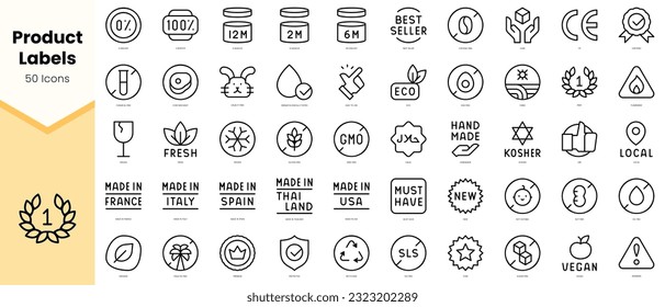 Conjunto de etiquetas de producto Iconos. Paquete de iconos de estilo de arte de línea simple. Ilustración del vector