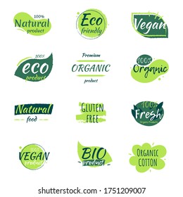 Set of product labels related to Natural, Vegan, Organic Farming and more. Healthy food badges for food market, e-commerce, restaurant, healthy life and premium quality food and drink promotion. 