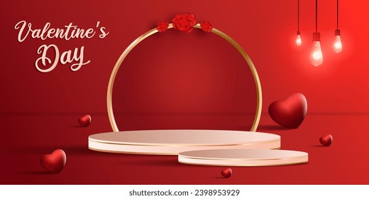 conjunto de podiums de productos con un fondo rojo oscuro sobre un tema del Día de San Valentín