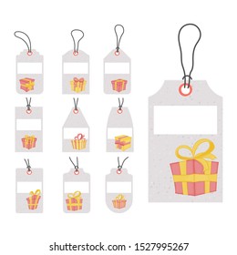 Set of product tags with gift boxes on a white background.