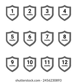 Set of product warranty shields. Icons with month numbers. Service, manufacturer warranty. Isolated vector icons, symbols for instruction design, product description