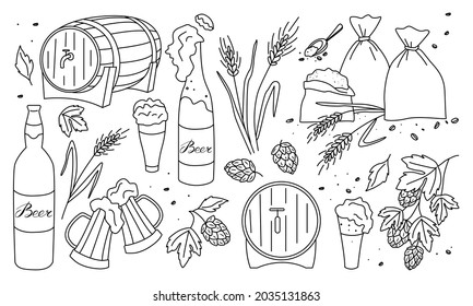 A set for the production of beer. Ears of wheat or barley. Barrel. Hop cones. Bags of crops. Vector illustration in the doodle style. A design element for a poster, map, menu, logo, icon. Oktoberfest