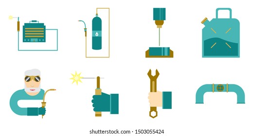 Set of production equipment in flat style for welders and turners