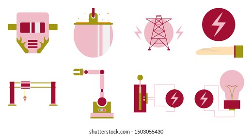 Set of production equipment in flat style for welding and electicity