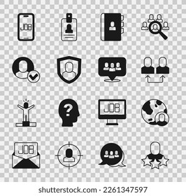 Establezca un icono de base de personal productivo, global y personal, trabajo de Exchange, currículum, protección del usuario, trabajador, trabajo de búsqueda y equipo de proyecto. Vector