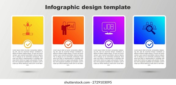Conjunto humano productivo, líder de equipo de directivos, trabajo de Búsqueda y lupa para la búsqueda. Plantilla de infografía de negocios. Vector