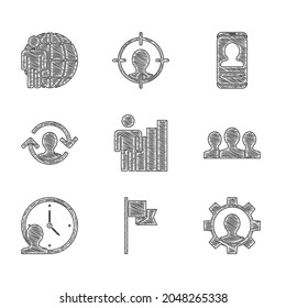 Set Productive human, Location marker, Human with gear, Users group, Time Management, resources, Mobile resume and Head hunting icon. Vector