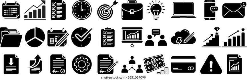 Conjunto de ícones de produtividade e negócios. Finanças, trabalho,
comércio, horário, apresentações, contratos, lista de tarefas, ideias,
metas, gráficos, calendários, relatórios, redes, tecnologia,
análise. Ícones preenchidos.