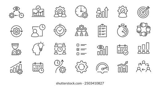 Conjunto de iconos de productividad y eficiencia. Flujo de trabajo, enfoque, crecimiento, productividad. Ilustración vectorial.