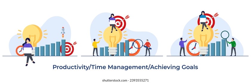 Set of productivity flat illustration, Self-management, Performance increase, Goal setting, Achieving targets, Time management concept for landing page, web banner, social media, infographic