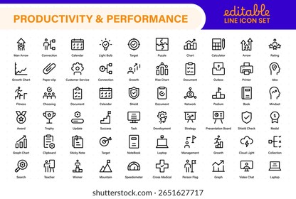 Conjunto de iconos de productividad y rendimiento. Iconos de línea de trazo editables para eficiencia, enfoque, plazos, gestión de proyectos y KPI.