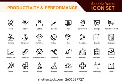Conjunto de ícones de produtividade e desempenho. Ícones editáveis de linha de traçado para eficiência, foco, prazos finais, gerenciamento de projeto e KPI.