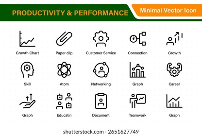 Conjunto de ícones de produtividade e desempenho. Ícones editáveis de linha de traçado para eficiência, foco, prazos finais, gerenciamento de projeto e KPI.