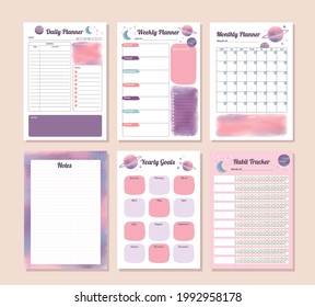 Set of productivity space watercolor daily, monthly, yearly and habit tracker design