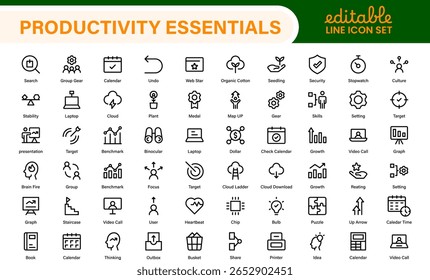 Set of productivity and time management icons. Editable line strokes: efficiency, speedometer, schedule, reminders, project workflow, business growth.