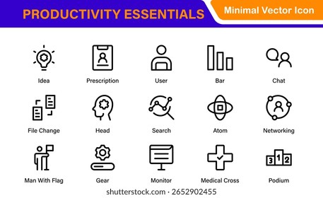 Conjunto de ícones de gerenciamento de tempo e produtividade. Cursos de linha editáveis: eficiência, velocímetro, cronograma, lembretes, fluxo de trabalho do projeto, crescimento da empresa.