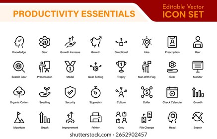 Conjunto de ícones de gerenciamento de tempo e produtividade. Cursos de linha editáveis: eficiência, velocímetro, cronograma, lembretes, fluxo de trabalho do projeto, crescimento da empresa.