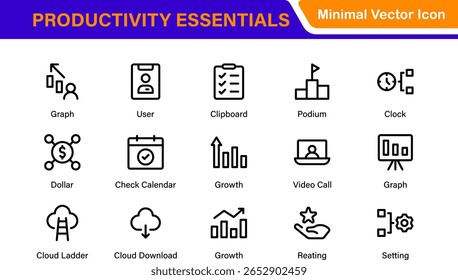 Conjunto de ícones de gerenciamento de tempo e produtividade. Cursos de linha editáveis: eficiência, velocímetro, cronograma, lembretes, fluxo de trabalho do projeto, crescimento da empresa.