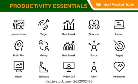 Conjunto de ícones de gerenciamento de tempo e produtividade. Cursos de linha editáveis: eficiência, velocímetro, cronograma, lembretes, fluxo de trabalho do projeto, crescimento da empresa.