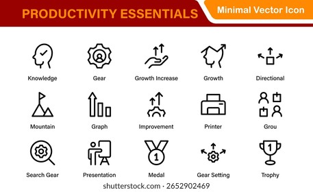 Conjunto de ícones de gerenciamento de tempo e produtividade. Cursos de linha editáveis: eficiência, velocímetro, cronograma, lembretes, fluxo de trabalho do projeto, crescimento da empresa.