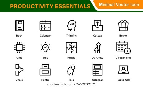Conjunto de ícones de gerenciamento de tempo e produtividade. Cursos de linha editáveis: eficiência, velocímetro, cronograma, lembretes, fluxo de trabalho do projeto, crescimento da empresa.