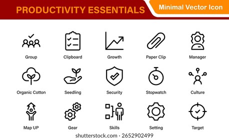 Conjunto de ícones de gerenciamento de tempo e produtividade. Cursos de linha editáveis: eficiência, velocímetro, cronograma, lembretes, fluxo de trabalho do projeto, crescimento da empresa.