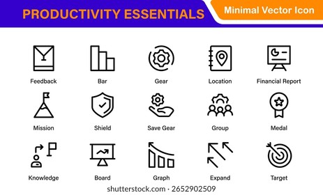 Conjunto de ícones de gerenciamento de tempo e produtividade. Cursos de linha editáveis: eficiência, velocímetro, cronograma, lembretes, fluxo de trabalho do projeto, crescimento da empresa.