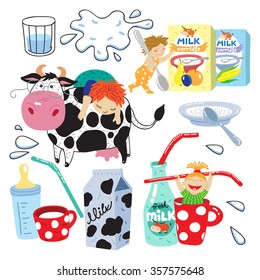 Set of products for baby feeding. Vector.