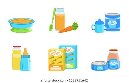 Conjunto de productos para la comida para bebés. Ilustración vectorial.