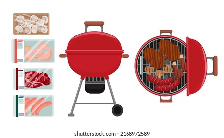 A set of products and a barbecue device on a portable charcoal grill. Steak, sausages, chicken. Vector illustration.