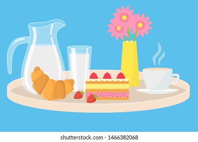 Set of products for Breakfast. Morning menu includes: milk, croissant, cake, coffee, strawberries.