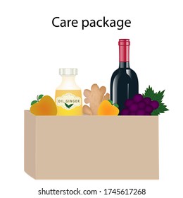 A set of products in a cardboard box - a bottle of wine, grapes, apples, ginger oil, - vector. Care package idea. Quarantine box. Social distance. Help, gift, donation.