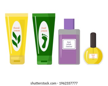 A set of products for the care of hands and feet. Beauty products. Tubes with hand and foot cream. Bottle of cuticle oil and nail polish remover. For use in nail salon logos, flyers, pictograms