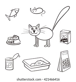 Set of products for cats. Vector illustration.
