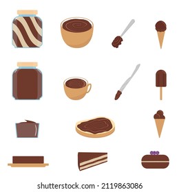 Set of products with chocolate. Chocolate paste, butter, ice cream, cake.