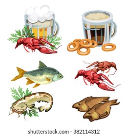 Set of products for consumption of beer and kvass. Dried river fish and crayfish. Vector illustration.