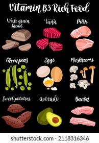 Set of products containing a great amount of Vitamin B3. Nicotinic acid rich food. Hand drawn flat illustration with dry brush texture and lettering. Isolated on black background.