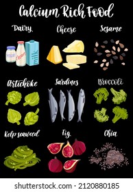 Set of products containing a great amount of calcium. Micronutrient calcium rich food. Hand drawn flat illustration with dry brush texture and lettering. Isolated on black background.