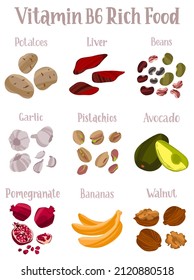Set of products containing a great amount of Vitamin B6. Pyridoxine rich food. Hand drawn flat illustration with dry brush texture and lettering. Isolated on white background.