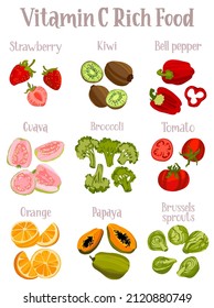 Set of products containing a great amount of Vitamin C. Ascorbic acid rich food. Hand drawn flat illustration with dry brush texture and lettering. Isolated on white background.
