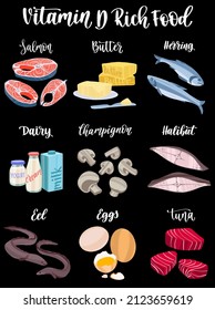Set of products containing a great amount of Vitamin D. Cholecalciferol rich food. Hand drawn flat illustration with dry brush texture and lettering. Isolated on black background.