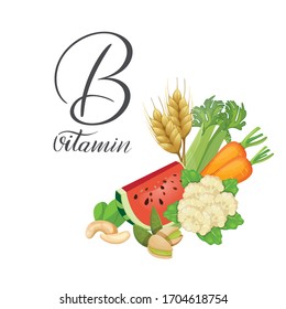 Set of products containing vitamin B. Natural organic products with a high content Vitamin B. Vector illustration.